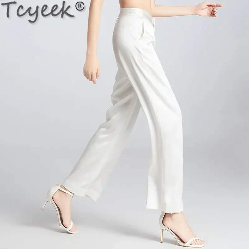 

Tcyeek 100% Mulberry Silk Thin Pants Casual Straight Women Pants High Waist Streetwear Elegant Loose Trousers 23 Pantalon Femme