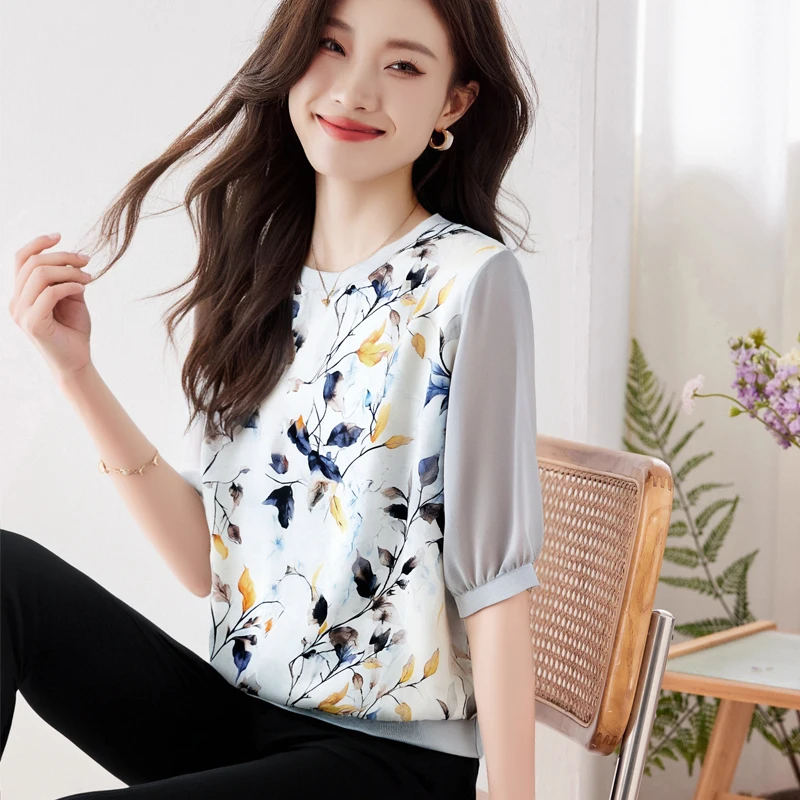 Satin Simulation Silk T-shirt for Women 2025 Printed Loose and Fashionable Western-style Five Quarter Short Sleeved T-shirt Tops