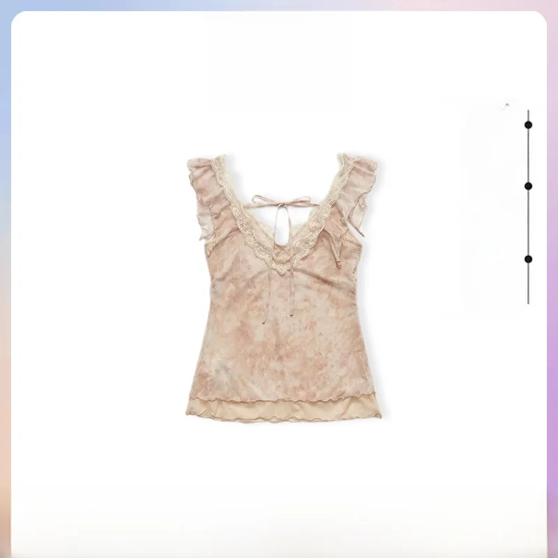 Korean Style Lace V-Neck Tank Top Summer New Back Tie Dye Floral Print Women's Slim Fit Breathable Inner Wear Tank Top