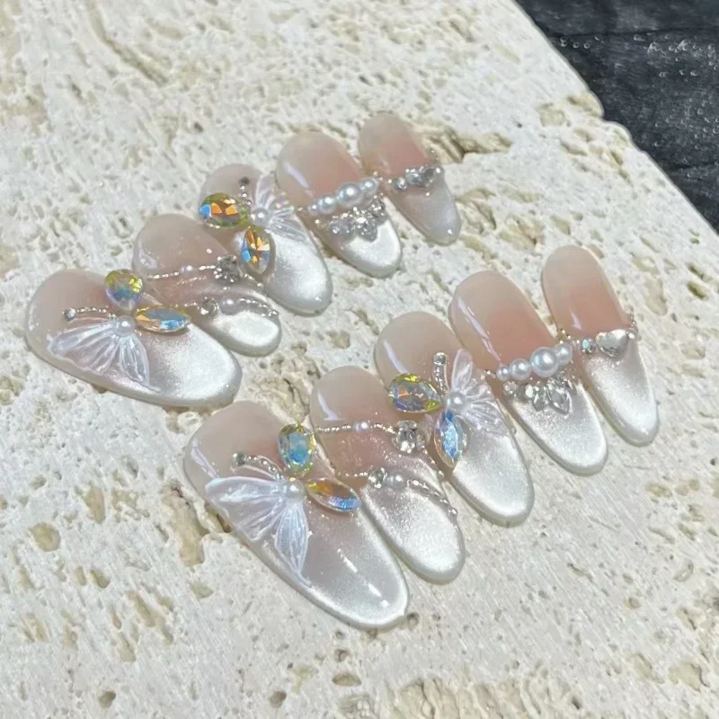 10Pcs Handmade Oval Press-On Nails with 3D Butterfly&Cat Eye Designs, Pearl Accents Perfect for Women&Girls Daily Occasions Wear