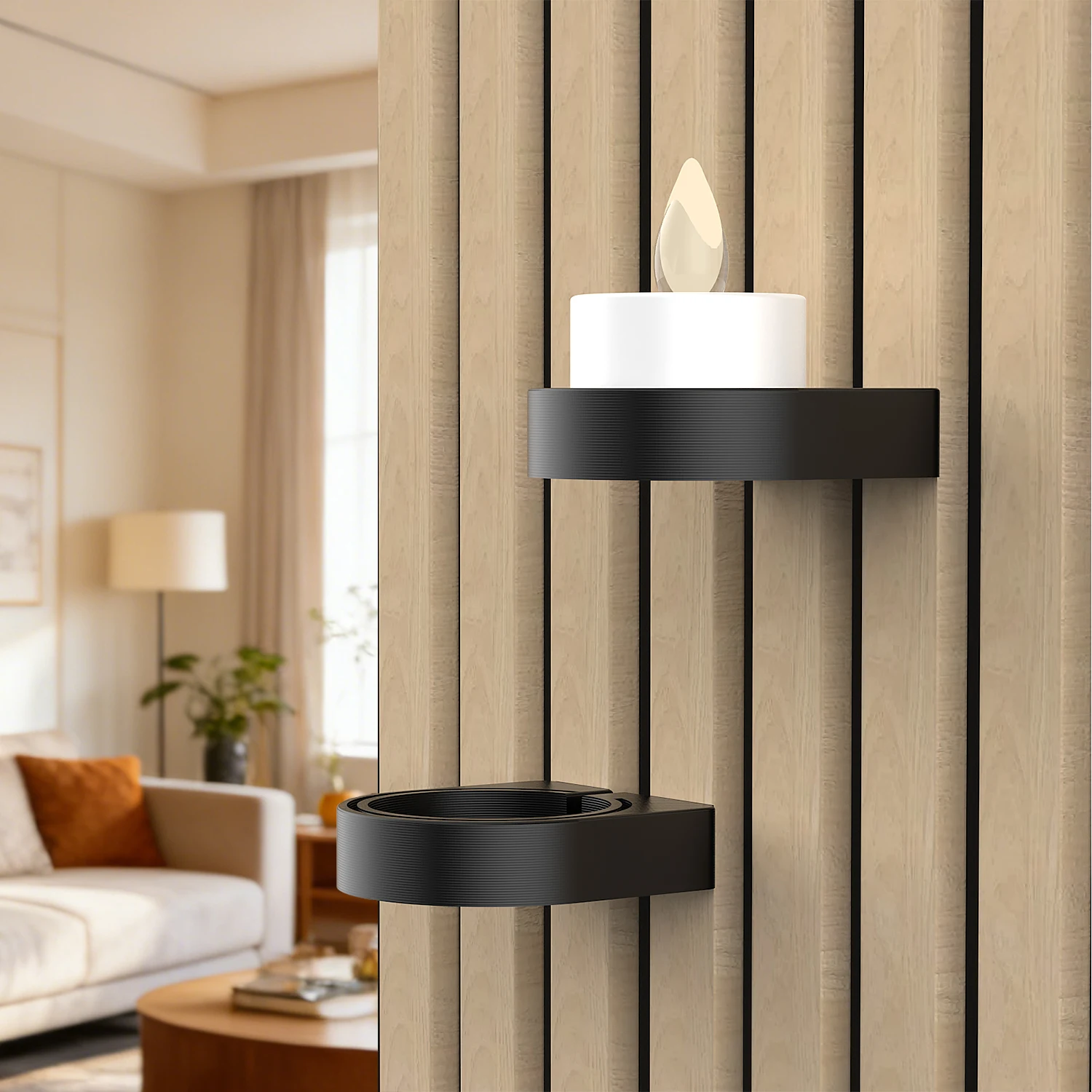 Portavelas LED para Panel Acústico, Candelabro de Madera con Listones para Montar en la Pared, Portavelas sin Llama sin Necesidad de Taladrar