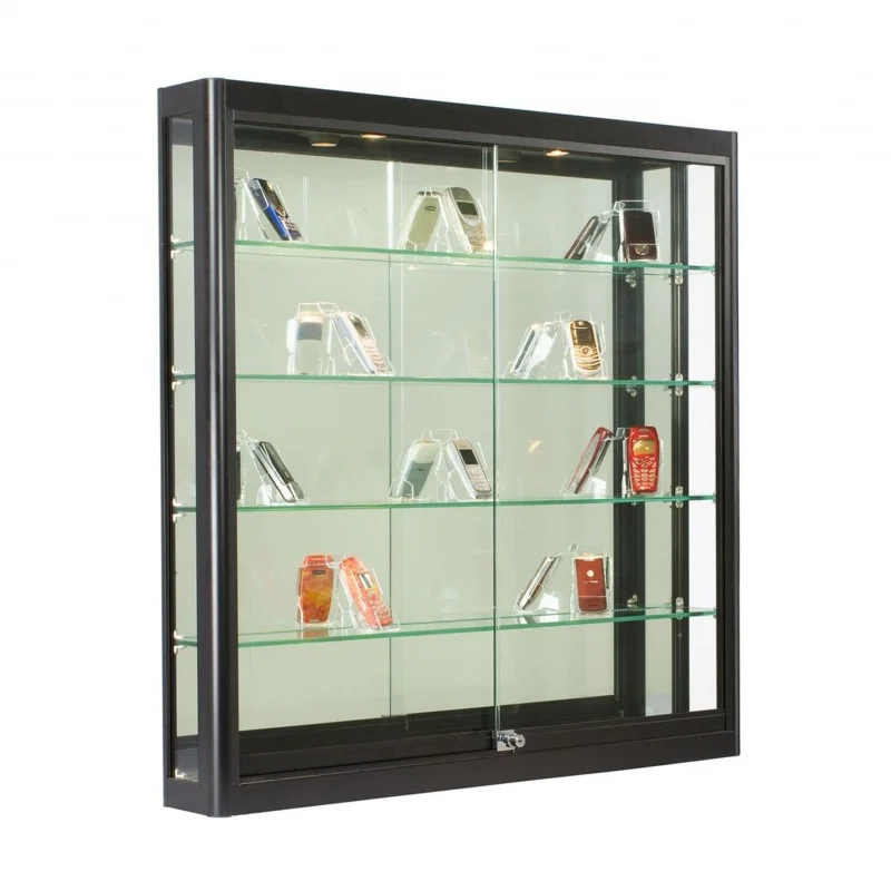 custom.KEWAY 3*4' Glass Wall Cabinets with LED Lights Design Adjustable Shelves Sliding Door - Black Display Showcase