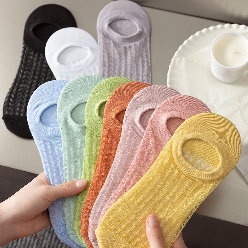 5 Pairs Summer Women Mesh invisible Socks Solid Breathable non-slip Low Cut Socks Thin Female Slipper No show Socks Girls Meias image 2