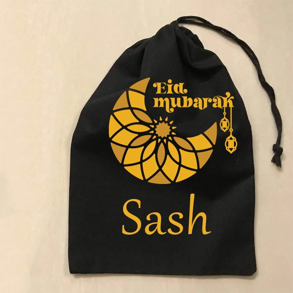 2025 Personalized 30x40cm black Eid Mubarak Ramadan Drawstring Gift Bag for Kids Girls Baby Islamic Ramadan Decor Al-Adha Favors