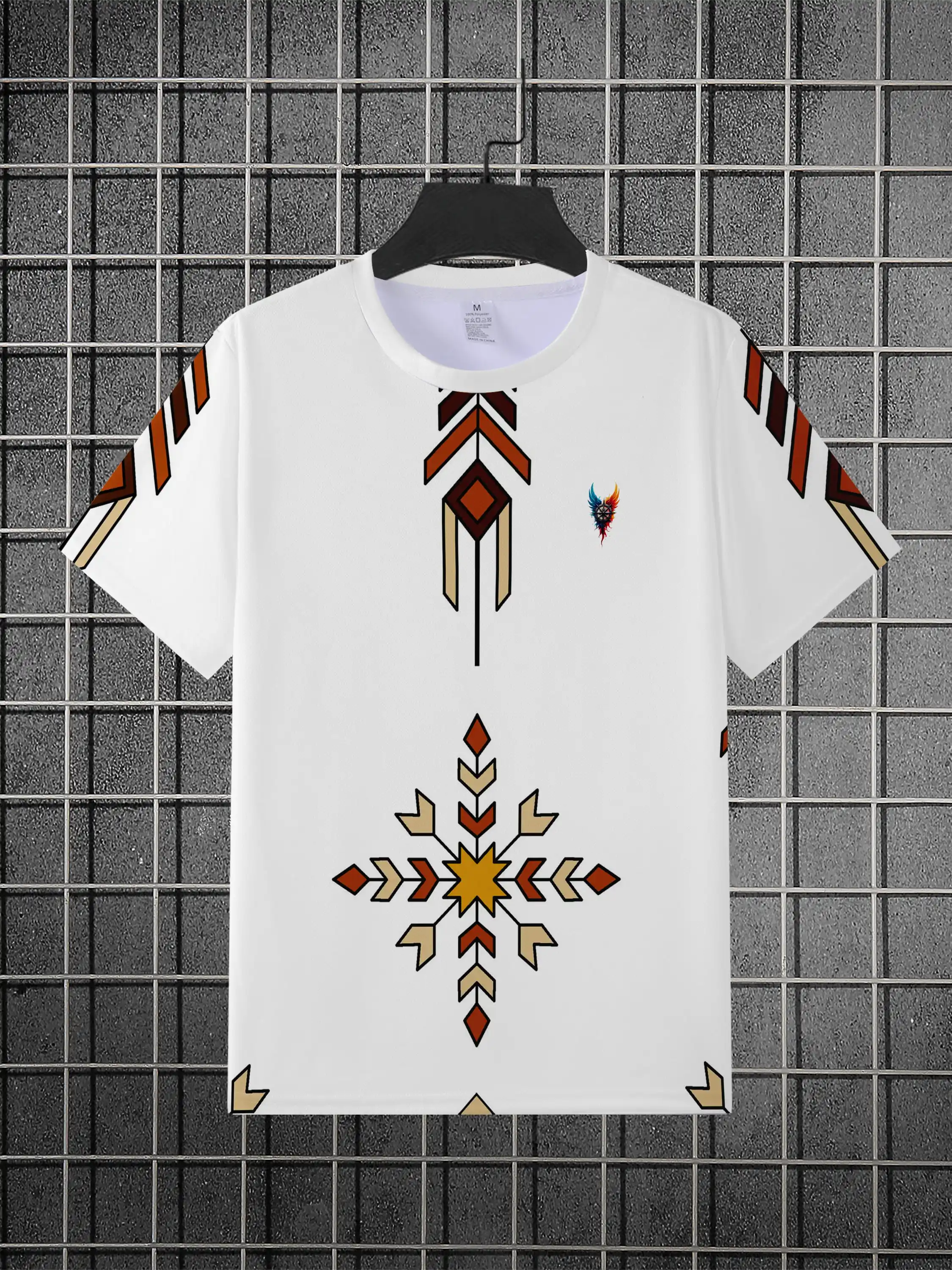 Men White Base Native Ethnic Geometric Arrow Snowflake Small Colorful Wing Logo Print Crew Neck Short Sleeve T-shirt