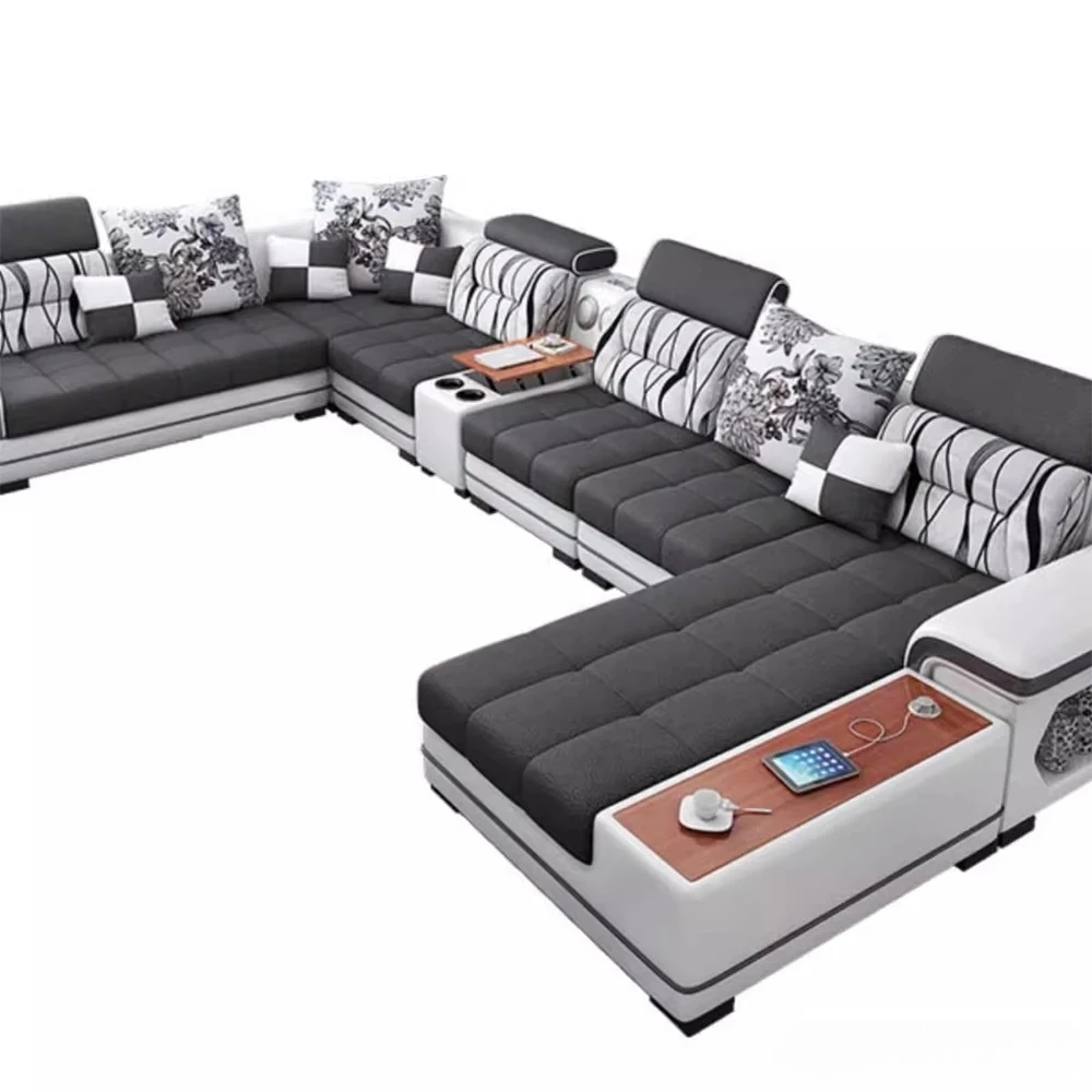 Big U-Shape Coth Living Room Sofa Sets with USB, Speaker, Stools, Bluetooth - MANBAS Fabric Sectional Sofas for Home Furniture