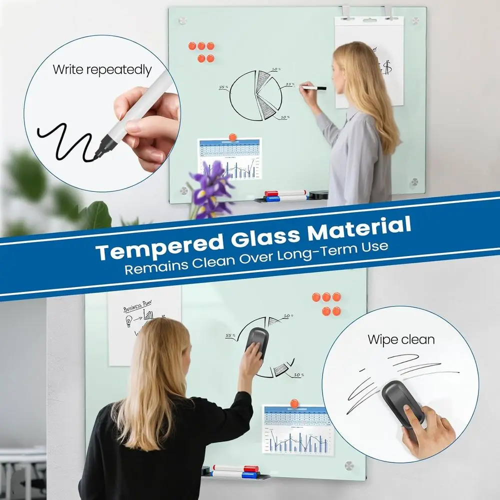 سبورة بيضاء من الزجاج المقسى مثبتة على الحائط مقاس 36 × 24 مع تصميم مغناطيسي بدون إطار للمنزل والمكتب والمدرسة