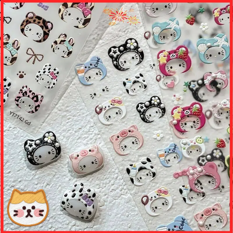 Gato dos desenhos animados kt fone de ouvido pérola geléia bonito leopardo impressão decorativa arte do prego adesivos alto valor estético brinquedo & hobby adesivo