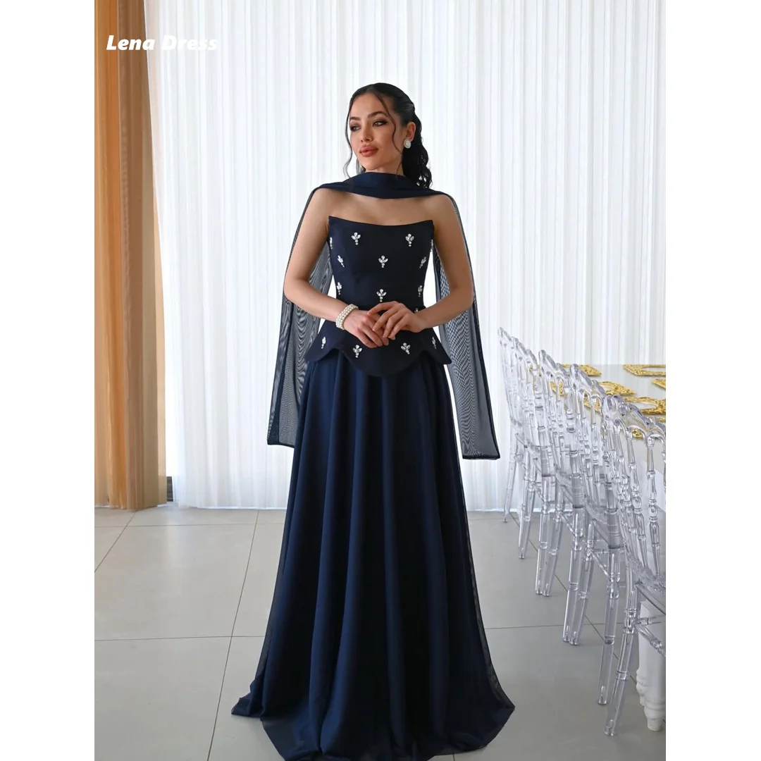 Lena Rhinestone Luxury Elegant Party Dresses for Wedding Woman Customized Shawl Navy Blue Chiffon Engagement Dress Ball Gowns
