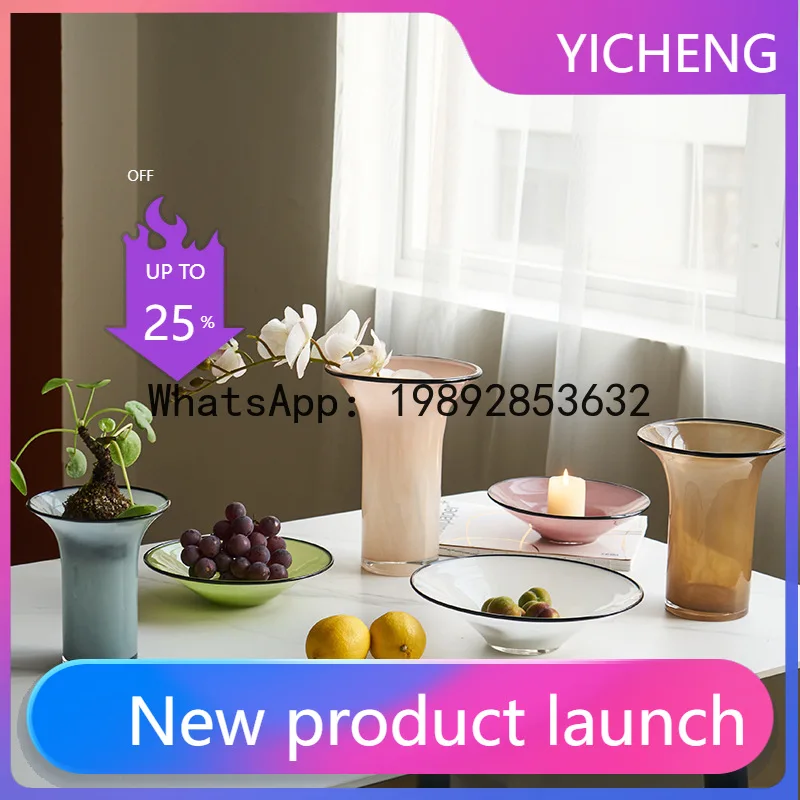

PYJ Nordic style porcelain pink edge open vase flower dining table household glass fruit plate
