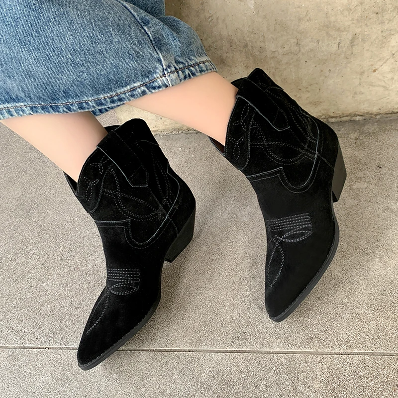 Western Boots Med Heel Winter BotasWoman Slip On British Style LadyShoes CowSuede Daily Bota Spring Autumn Cowgirls Ankle Boots