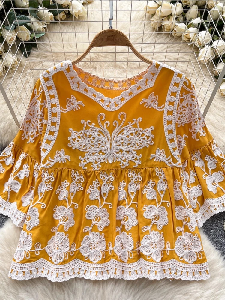 

Women Lace Blouse Summer Vintage Ethnic Style Embroidery Hollow Out Seven-Half Sleeve Loose Fit Sweet V-Neck T-Shirt Tops Trendy