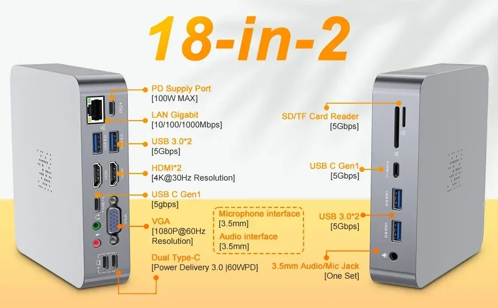 2024 top sale 18 IN 1 Dual HDMI DP RJ45 4K Display Multiport USB C Hub type-c Docking Station