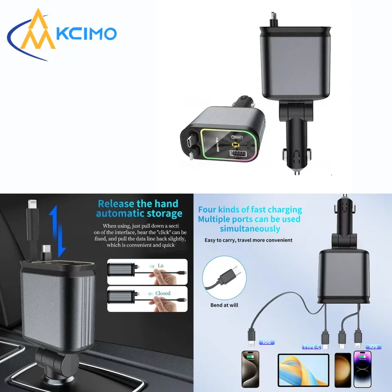 

Автомобильное зарядное устройство 4-в-1 премиум-класса 120 Вт с быстрой зарядкой PD QC3.0 Type-C USB, подсветкой Starlight и дисплеем напряжения