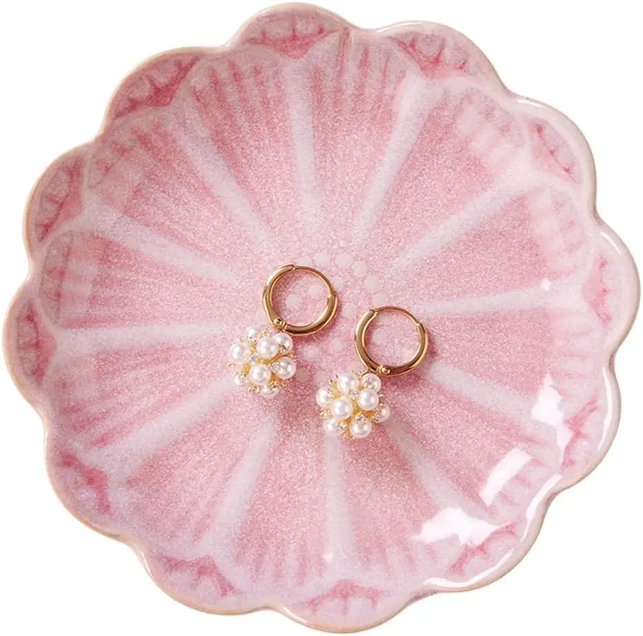 

Pink Ceramic Lotus Ring Holder Dish, Jewelry Organizer for Necklaces Earrings, Gift for Women