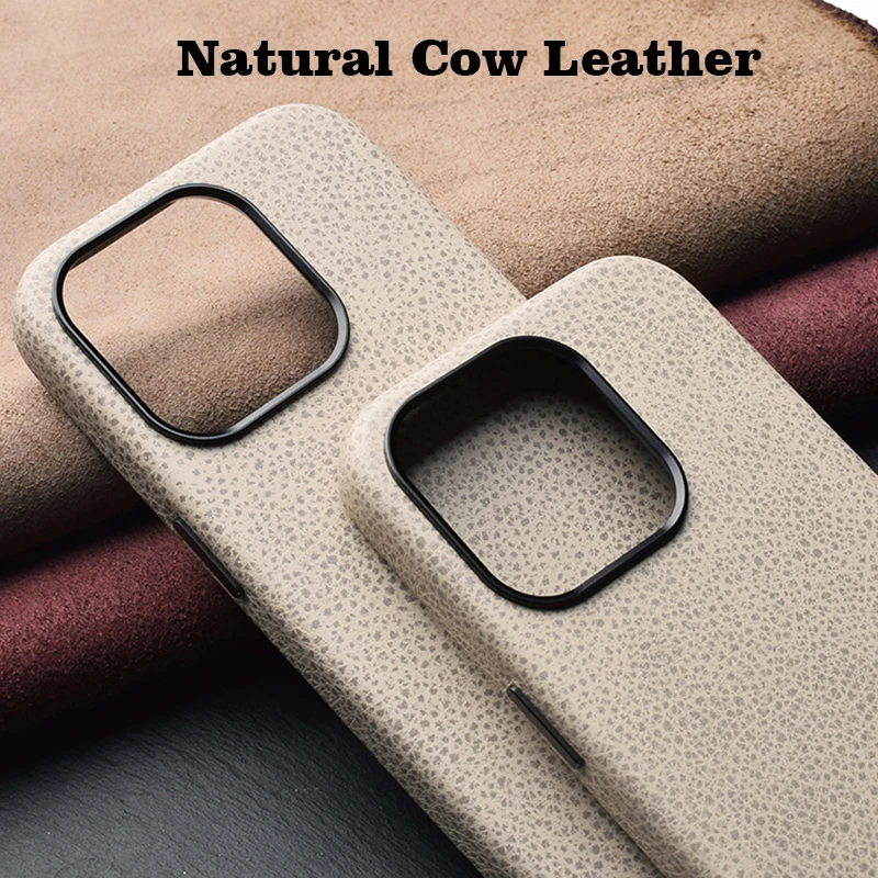 Genuine Leather Case For iPhone 15 Pro Max Luxury Real Skin Phone Back Cover For Apple iPhone 15 Pro Magnetic Beige Color