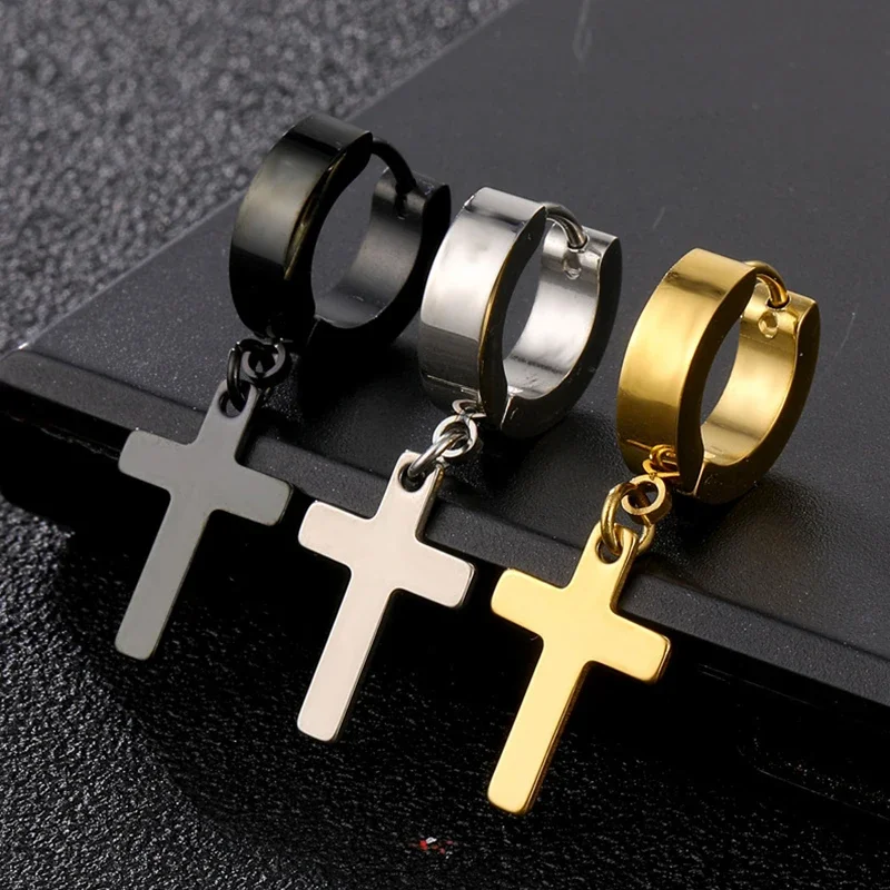 

2pc Stainless Steel Men Cross Stars Punk Dangle Earrings Gothic Woman Cross Ear Hoop Earrings Huggies Pendant Piercing Jewelry