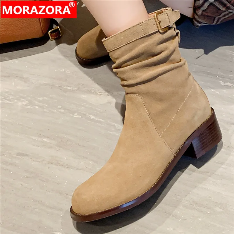 

MORAZORA 2024 New Slip On Female Western Boots Cow Suede Leather Ankle Boots Women Square Med Heels Winter Boots