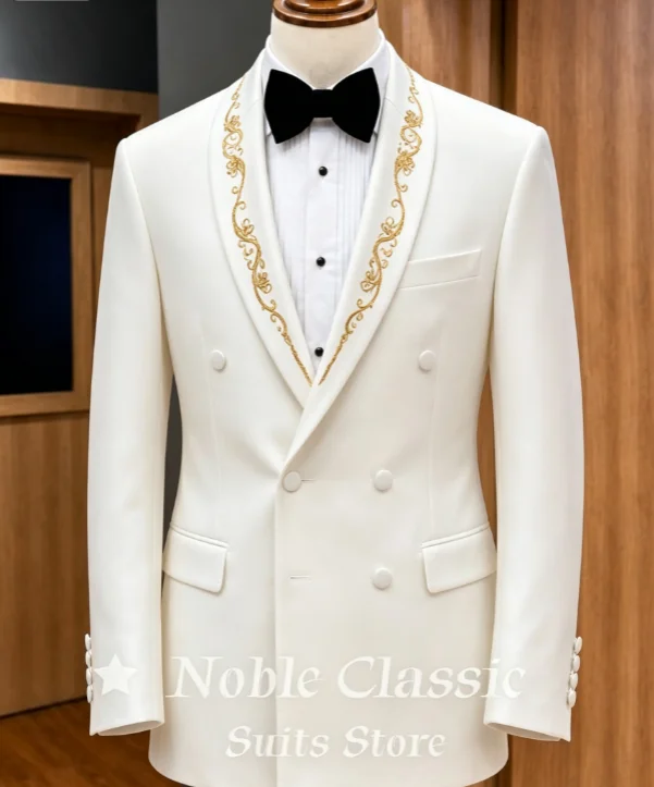 Black Double Breasted Tuxedo Blazer Men Luxury Gold Embroidery Shawl Lapel Slim Fit Formal Only Jacket Wedding Groom Customized