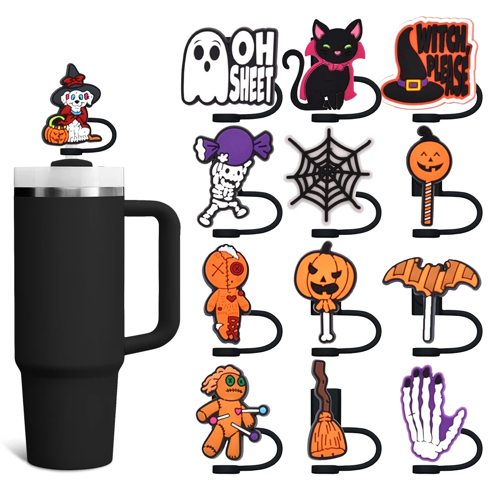 Halloween Ghost Pumpkin Straw Cover Cap 10MM Eco-friendly Straw Plug Splash Proof Drinking Cup Charms Pendent Home Party Gift