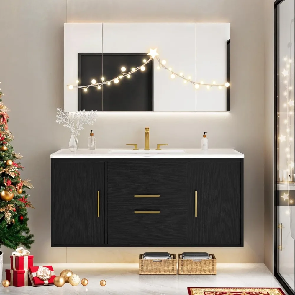 Floating Bathroom Vanity with Three Holes Sink with 2 Storge Cabinets & 2 Drawers, Floating Vanity