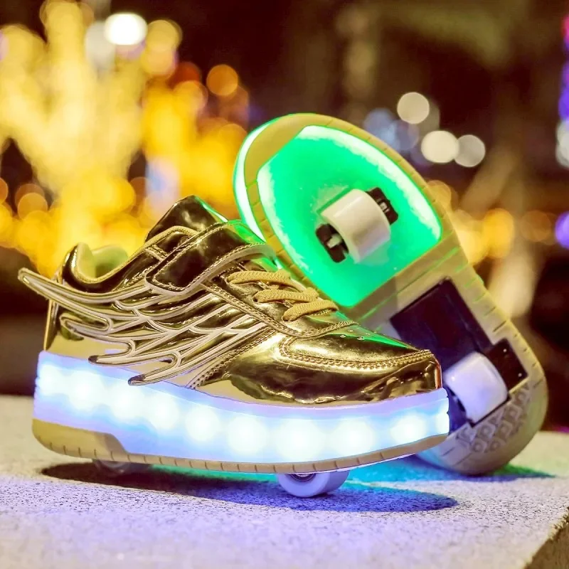 One Two Wheels Luminous Glowing Sneakers Led Night Light Roller Skate Shoes for Kids Boys Girls Children's USB Charging Footwear