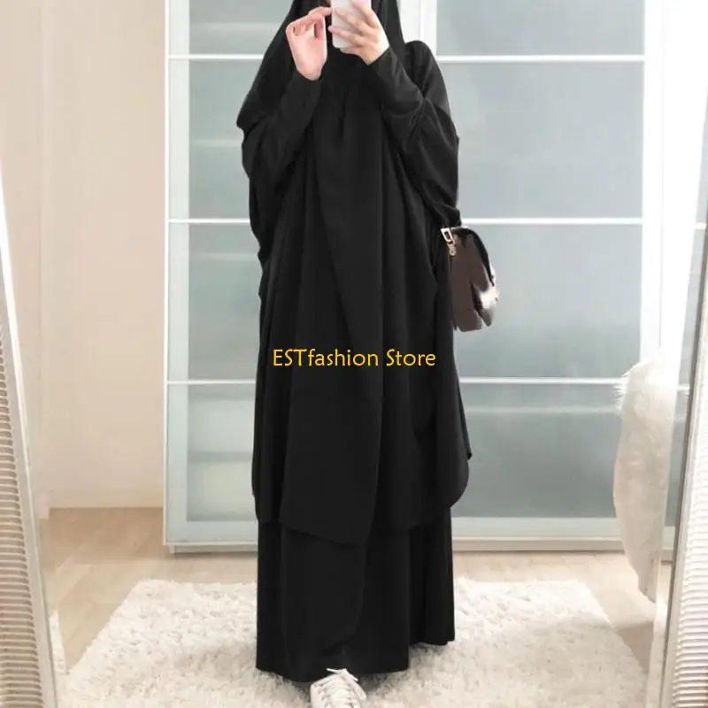 Y5GC Womens 2 Pieces Muslim Prayer Dress Long Sleeve Hijab Scarf Khimar and Skirt Set Islamic Abaya Full Length Kaftan Robe