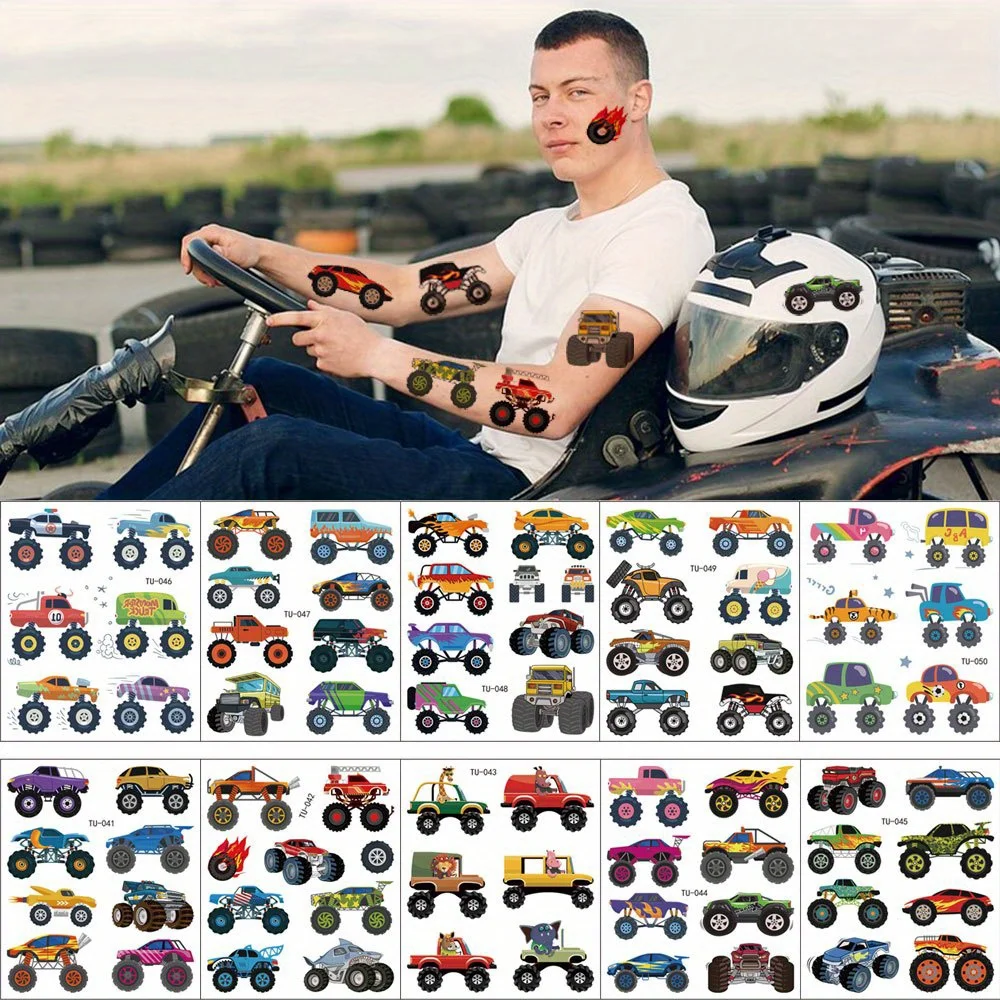 10pcs Monster Truck Temporary Tattoo Stickers Truck Tattoos Stickers Birthday Party Motor Truck Party Supplies Party Decorations