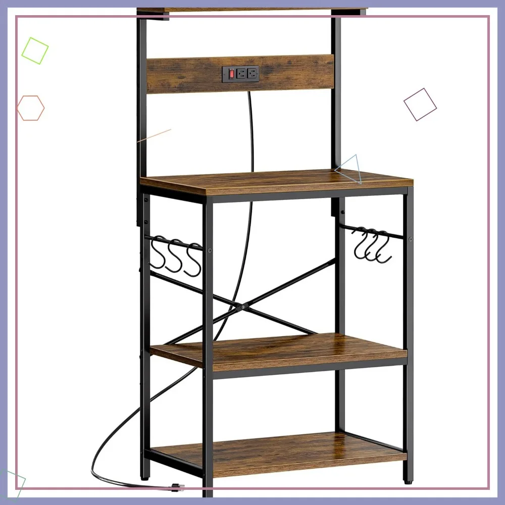 

Kitchen Bakers Rack with Power Outlet, Coffee Bar Table 4 Tiers, Microwave Stand with Hooks for Storage - Rustic Brown