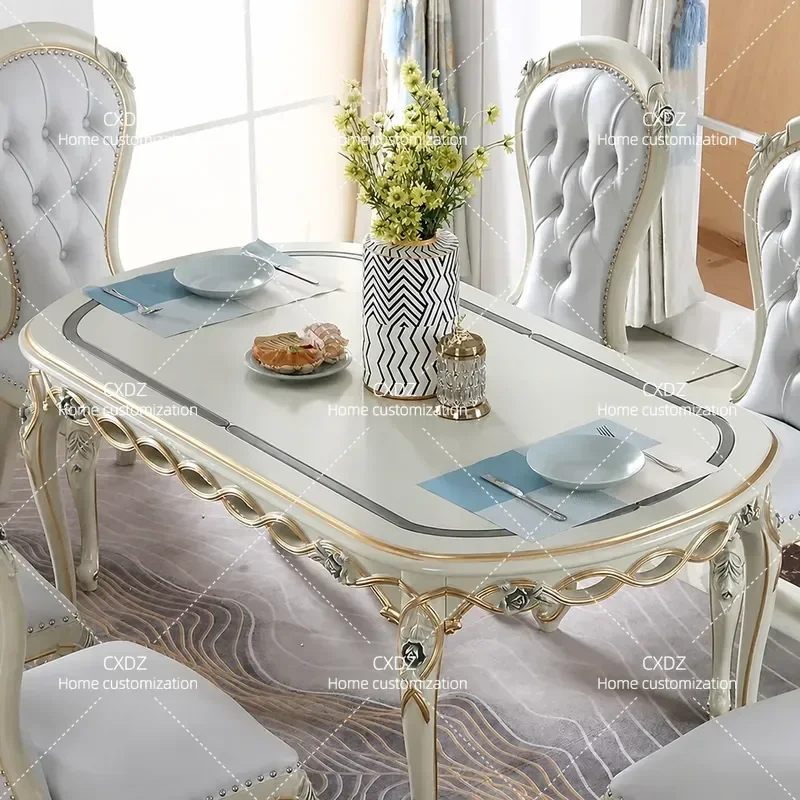 French Style Rectangular Solid Wood Dining Table and Chairs Set Light Luxury European Design Flower Pattern Household