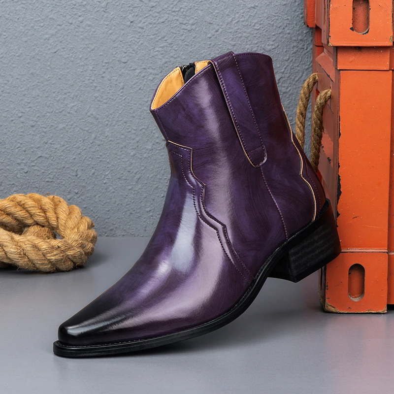 

Big Size 38-46 Purple Chelsea Boot Man Zipper Pointed Toe PU Leather Boots For Man Casual Business Men Ankle Boots botas hombre