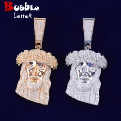 Bubble Letter Iced Out Rose Flower Jesus Necklace Pendant for Men Micro Pave Cubic Zirconia Hip Hop Jewelry