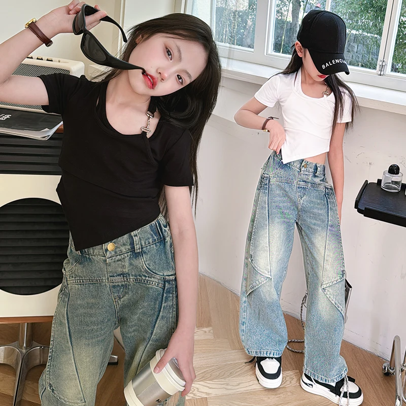 

teenage girls summer clothes sets cotton Irregular T-shirt+Wide leg jeans two piece kids suit meisjes kleding children outfits