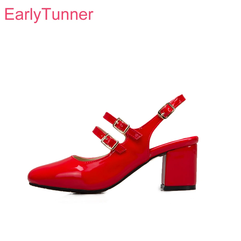 

Совершенно новые глянцевые красные абрикосовые женские сандалии, пикантные 2-дюймовые офисные женские модельные туфли на массивном каблуке, большие маленькие размеры 32 46 52