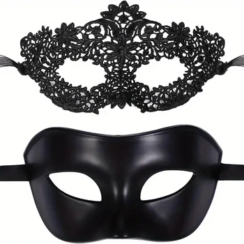 2pcs Elegant Black Lace Masquerade Mask Set for Couples - Perfect for Venetian Party,…