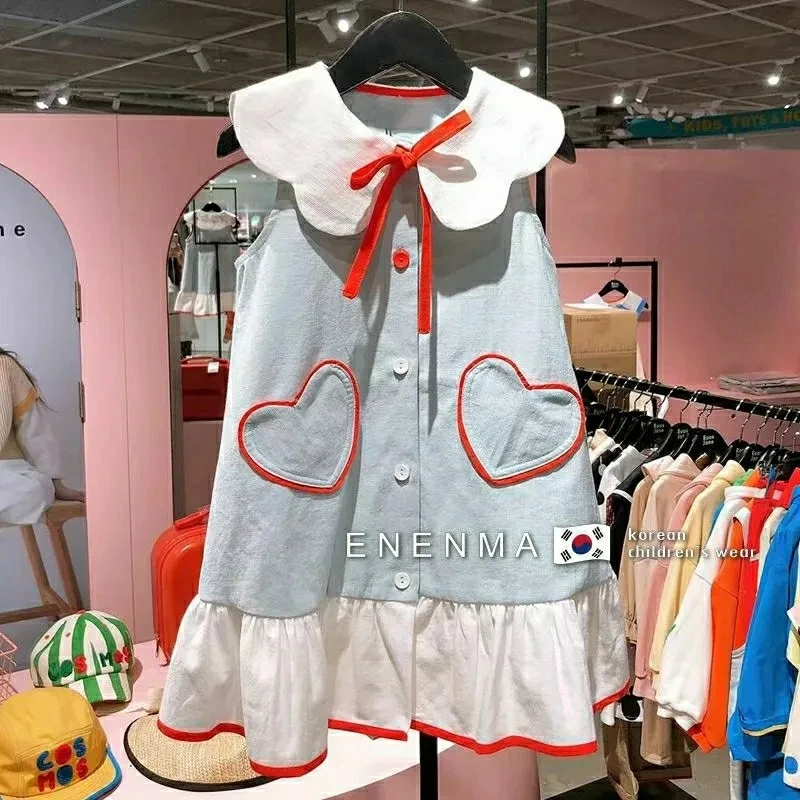 Vestido sin mangas con cuello de volantes para niñas, falda Chaleco con cordones, estilo coreano, Verano