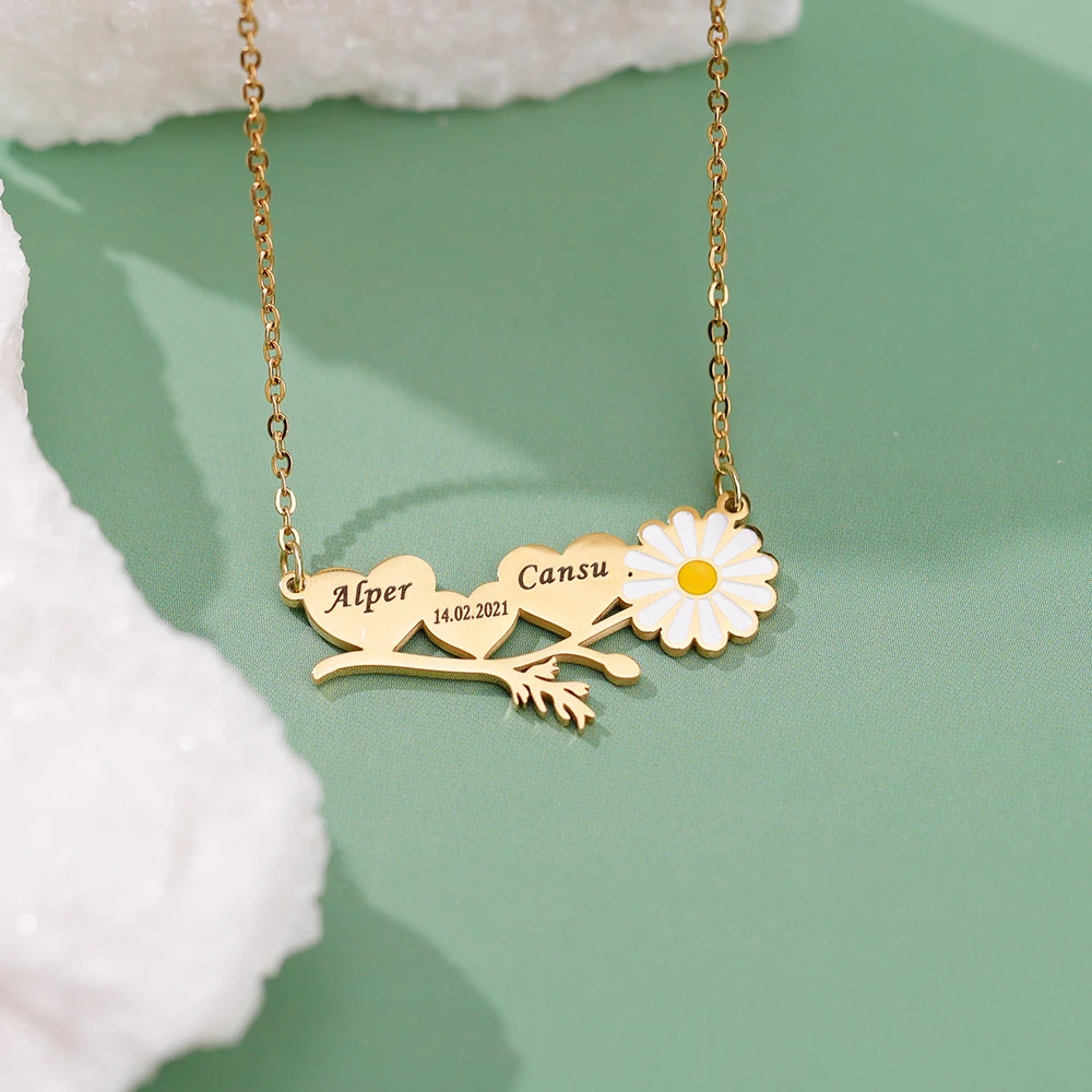 

Personalize Daisy Custom Couple Namse Necklace Fashion Jewelry Gift For Girlfriend Wife Mother's Day Gifts