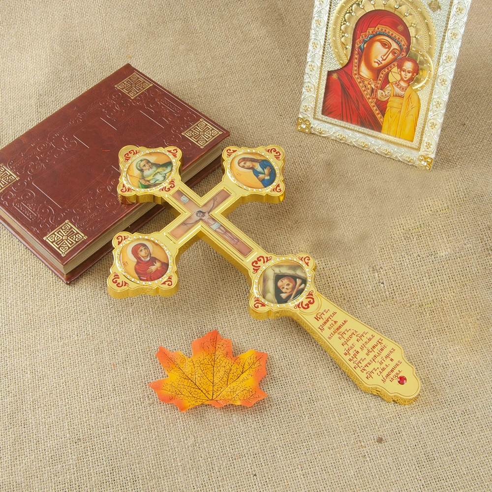 HTISOK 15 Zoll Orthodoxes Stehendes Jesus-Kreuz, Zinklegierung Vergoldetes Kreuz, Religiöse Dekoration mit Sockel, Geschenk für Gläubige – Detail 9
