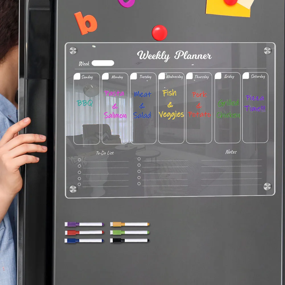 Doorzichtige Acryl Magnetische Koelkast Board Planner Dagelijks Wekelijks Schema Koelkastkalender Met 6 Uitwisbare Markers Voor Thuisschool