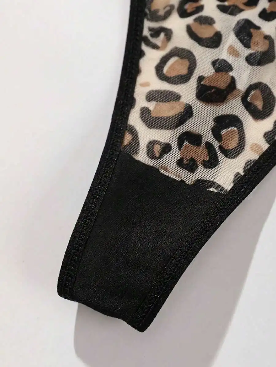 

5pcs Sexy Lace Leopard Print Thong Panties Mid-Rise Semi-Sheer Women Underwear