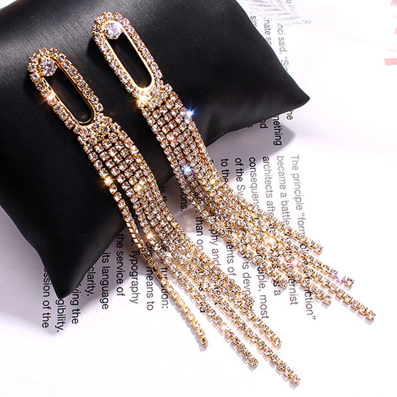 Fashion Shiny Long Tassel Drop Earrings for Women Full Rhinestone Crystal Dangle Earring Girl Wedding Party Personality Jewelry