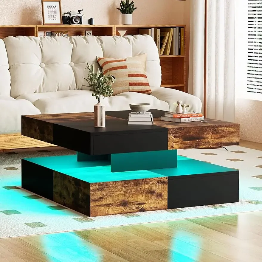 LED Coffee Table for Living Room, Wood Square 2-Tier Storage Modern Middle Center Table, Contemporary Coffee Table