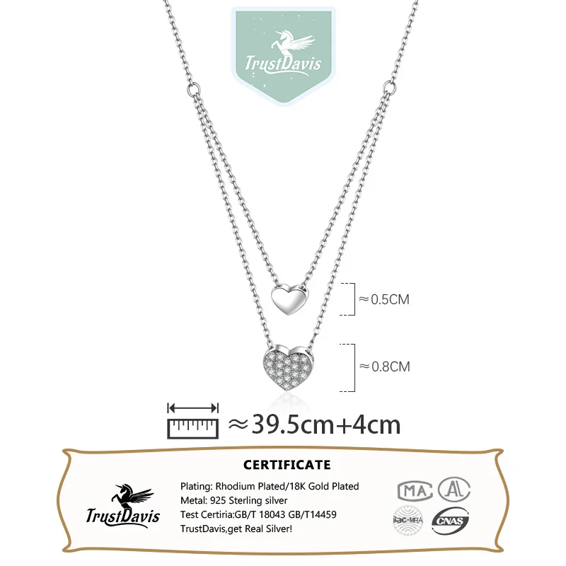 TrustDavis Real 925 Sterling Silver Fashion Romantic Double Heart Chain Necklace For Women Wedding Valentine's Day Jewelry DB296