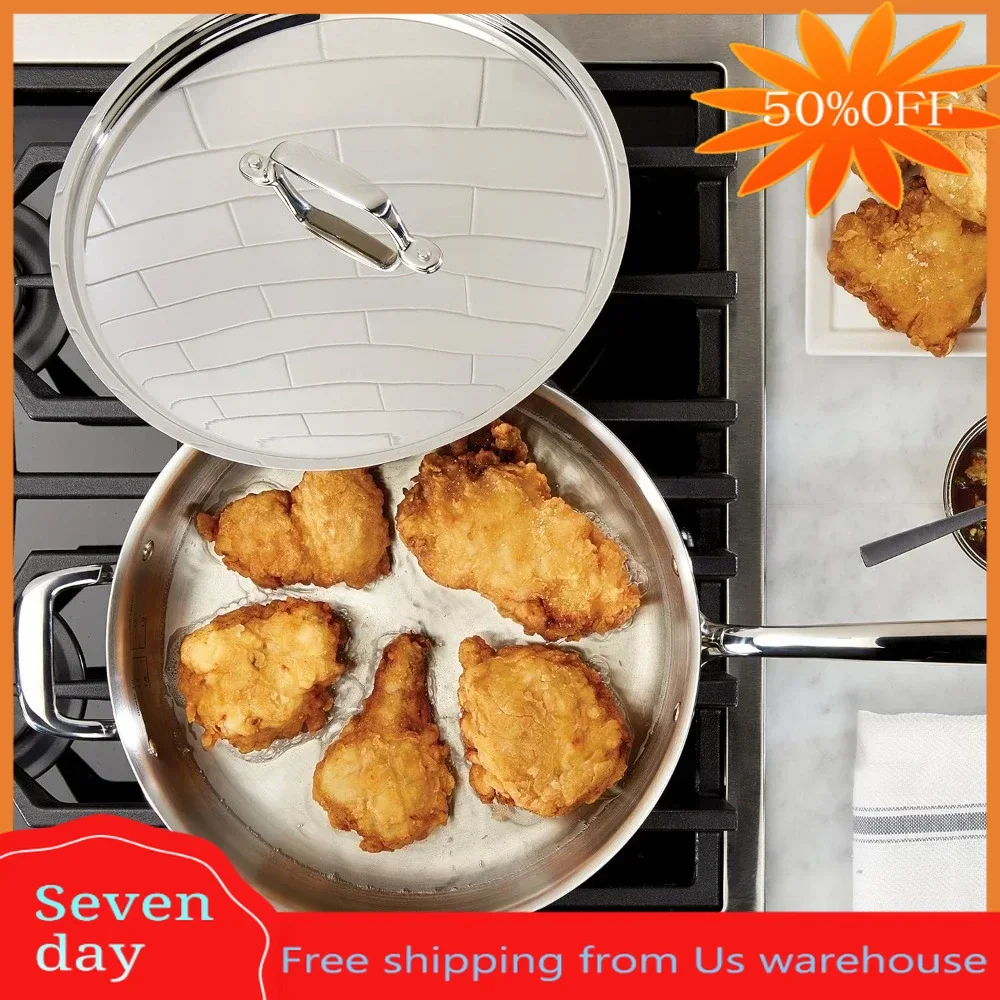 

Clad Stainless Steel Saute Pan / Frying Pan / Fry Pan With Lid and Helper Handle Pot Wok Cookware Kitchen Dining