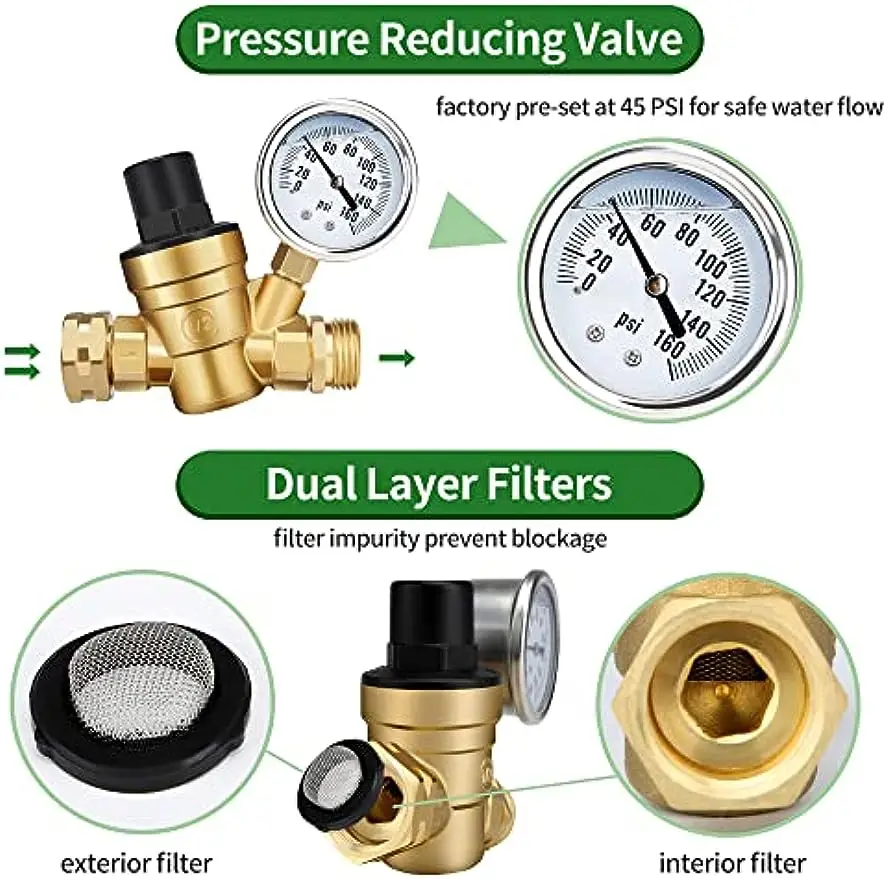 Регулируемый клапан регулятора давления воды RV, редуктор давления воды с манометром и фильтром входного экрана, латунный, без свинца