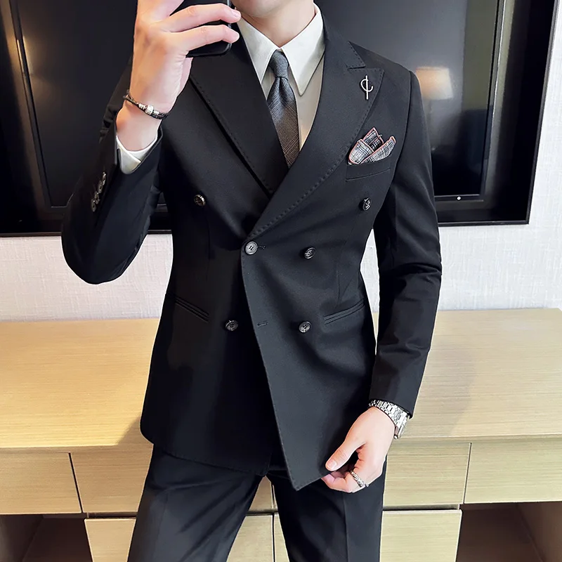 (Jaket + Celana) Setelan Pria 2 Potong Berkualitas Tinggi Double Breasted Lapel Solid Bisnis Pengantin Pria Pakaian Tuxedo Pernikahan Pakaian Pesta