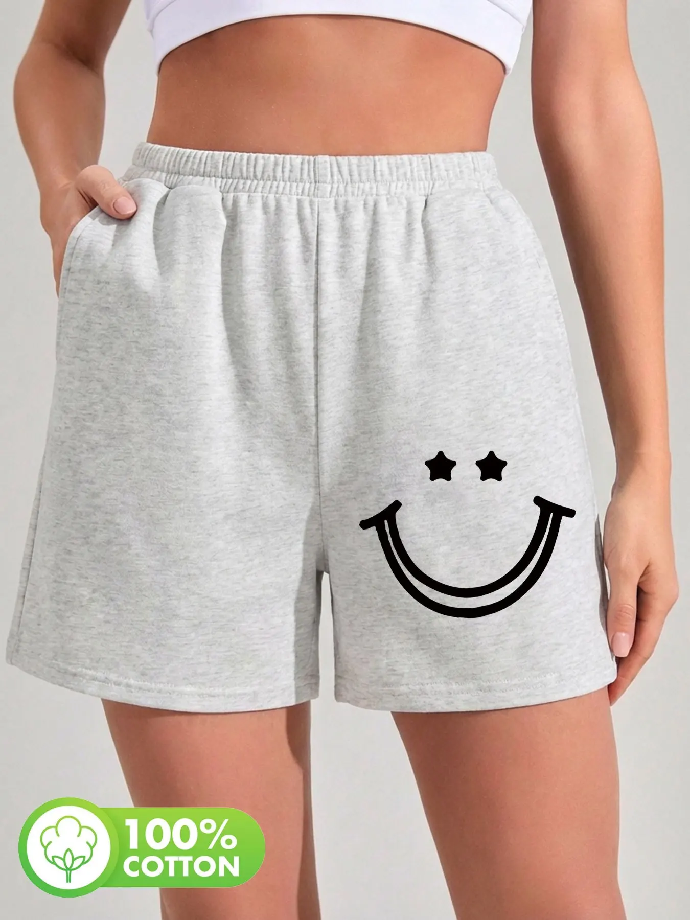 

Женские повседневные шорты простого кроя с принтом в виде улыбающегося лица и изогнутых линий, из чистого хлопка, свободного кроя, с высокой талией.