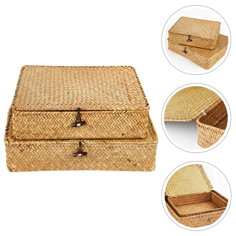 

2Pcs Woven Seagrass Storage Basket Lid Organizer Snack and Fruit Storage Bin Decorative Basket Organizer Baskets