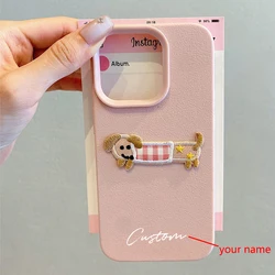 3D Cartoon Embroidery Dog Personalized Custom Name Phone Case For iPhone 16 15 14 13 11 12 Pro Max Plus X XS XR Candy DIY Cover