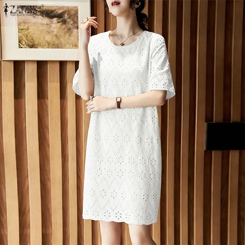 ZANZEA Damen-Kleid mit durchbrochenem, besticktem Patchwork, Sommerkleid mit O-Ausschnitt, kurzen Ärmeln, knielang, lässig, locker, einfarbig